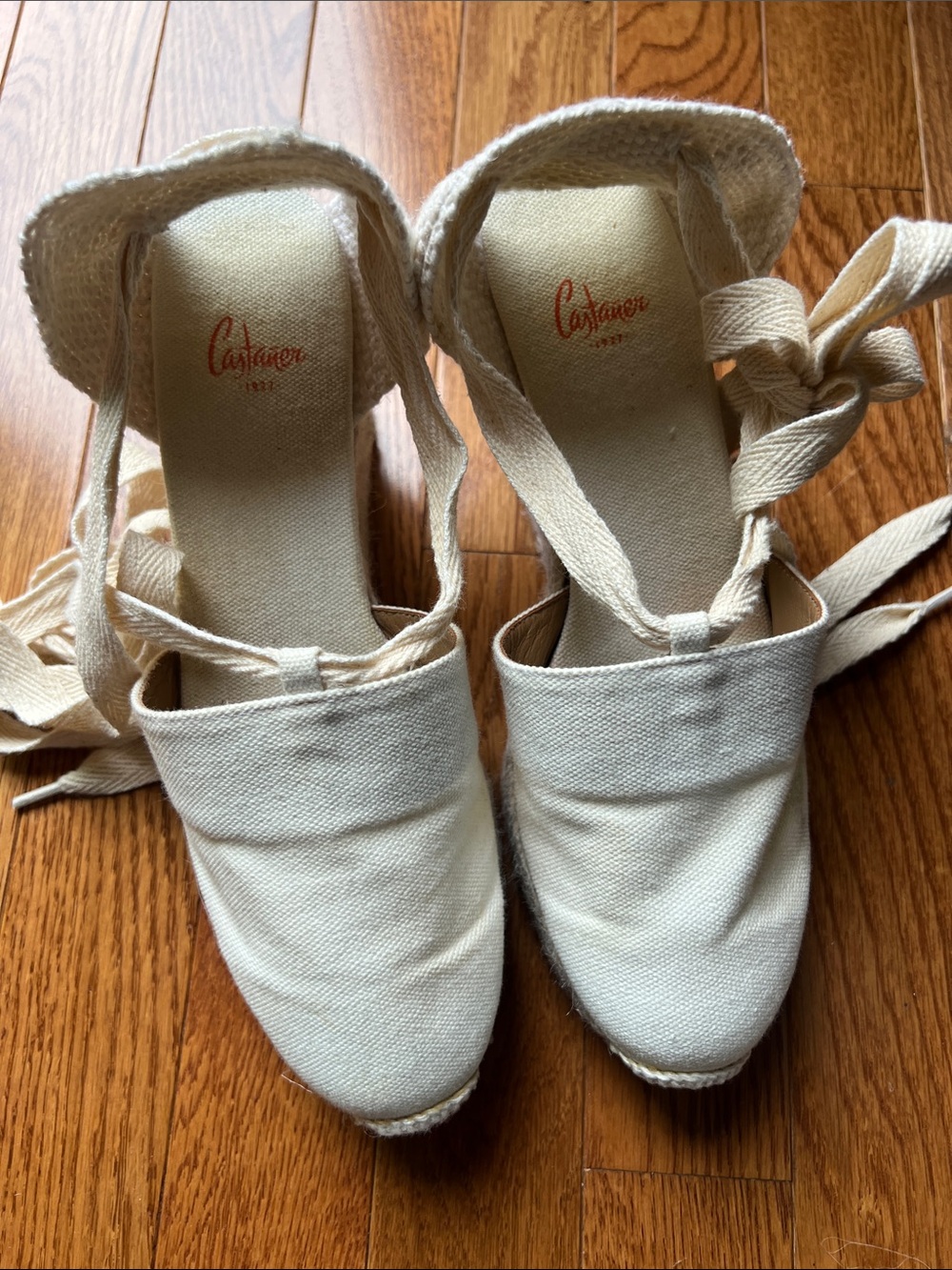 Castaner Natural Canvas Espadrille Wedge Sandals with Ankle Tie